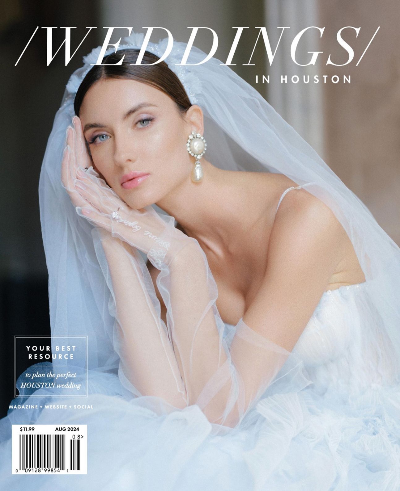 Novia con velo azul con la cabecera de Weddings in Houston