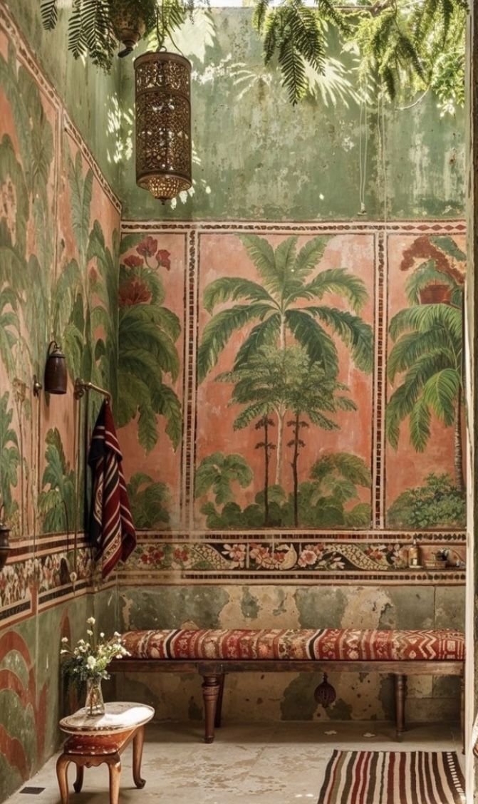 Riad-Innenhof mit Palmentapete und Laternen, Marrakesch
