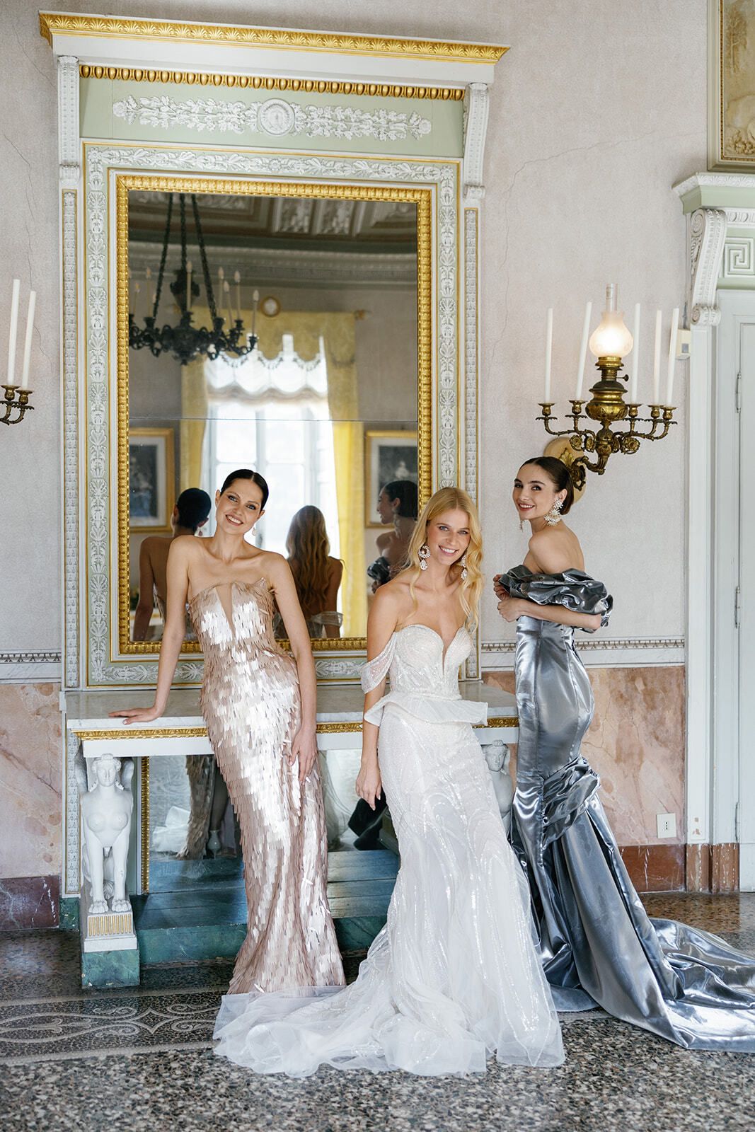 Bride and guests in shimmering gowns in a villa salon, Lake Como