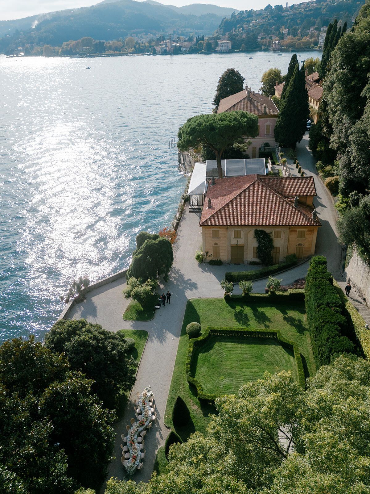 Aerial view of Villa Pizzo and its gardens on Lake Como