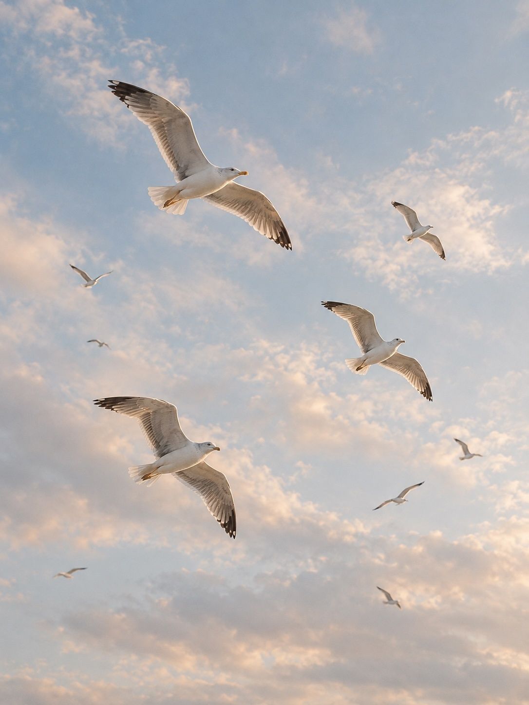 Möwen fliegen über einen zartrosa Abendhimmel