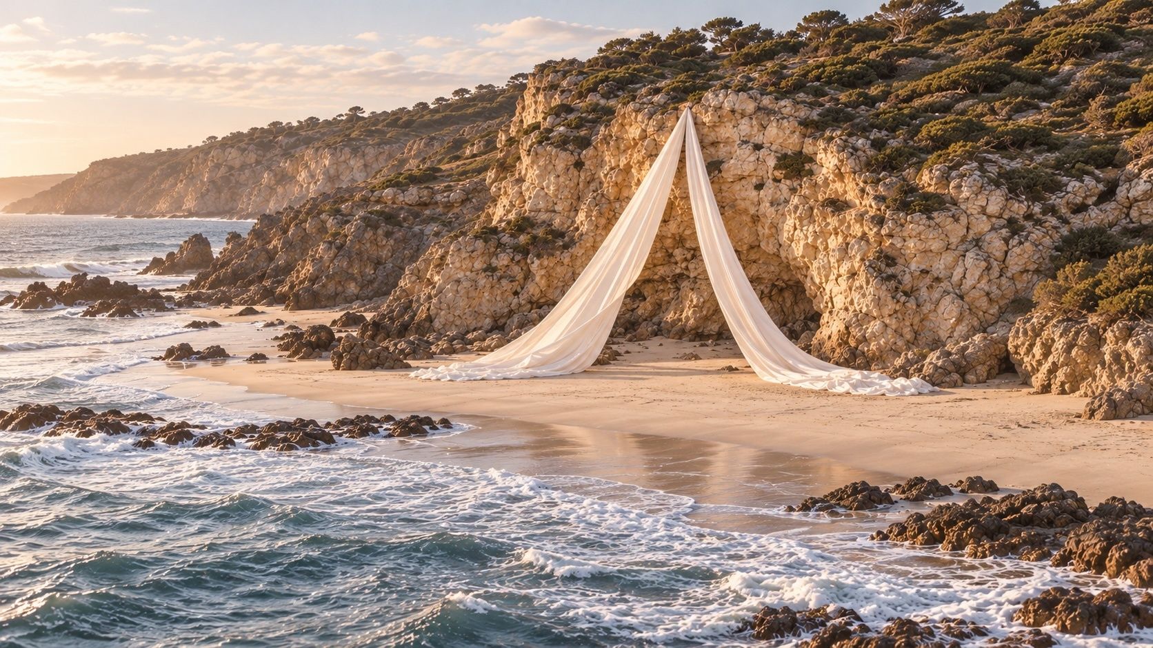 Weißer Zeremoniebogen aus Stoff in einer Sandbucht zwischen goldenen Klippen an der portugiesischen Küste