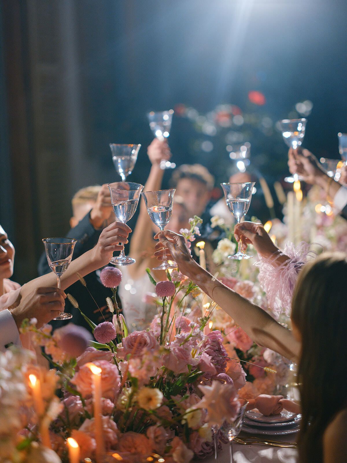 Invitados alzando sus copas en el banquete nocturno, Villa Pizzo