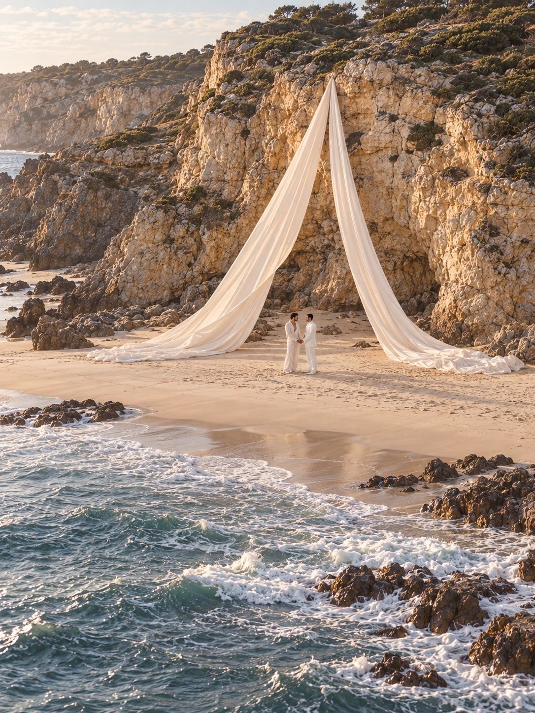 Zwei Bräutigame Hand in Hand unter einem hohen weißen Stoffbogen an einem Strand bei den Klippen, Portugal